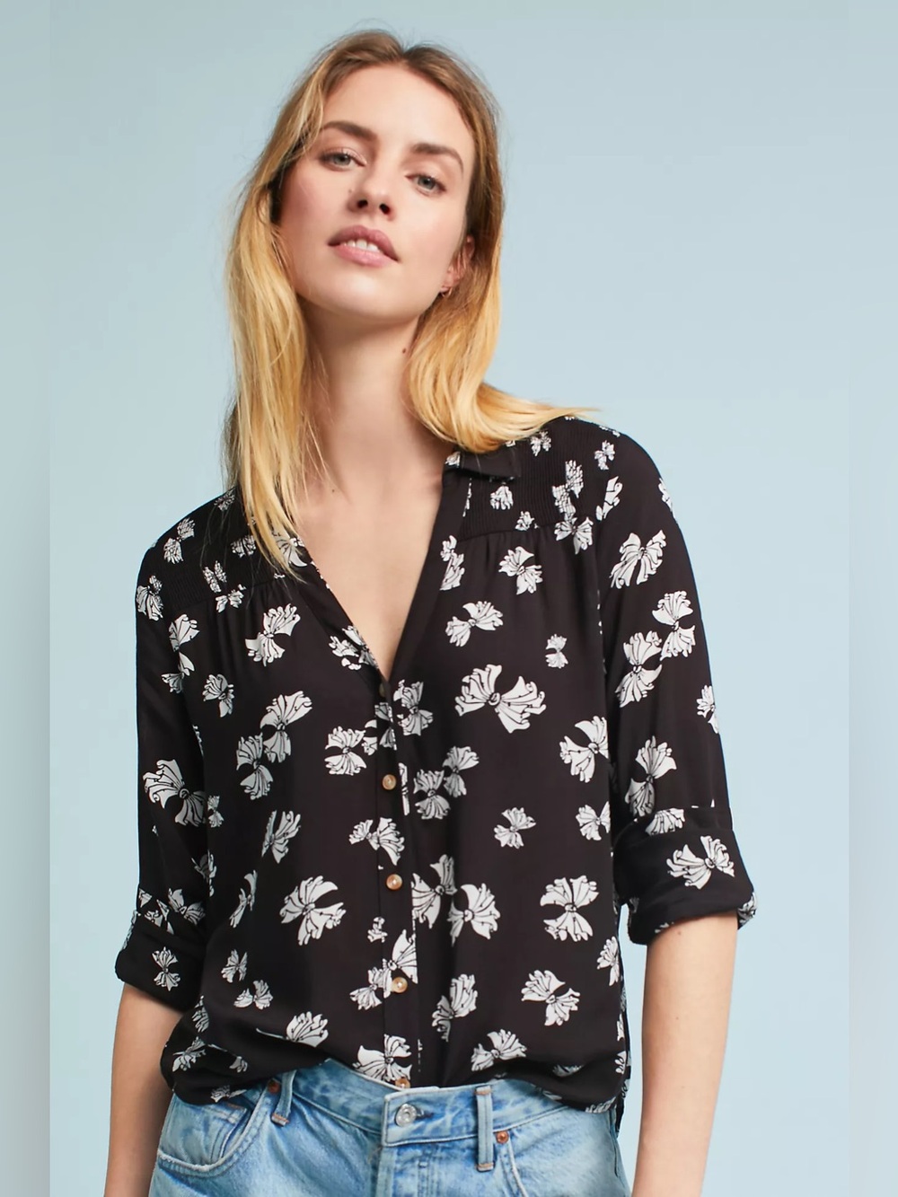 Anthropologie Maeve Emory Printed Buttondown Floral Blouse Black Size 0